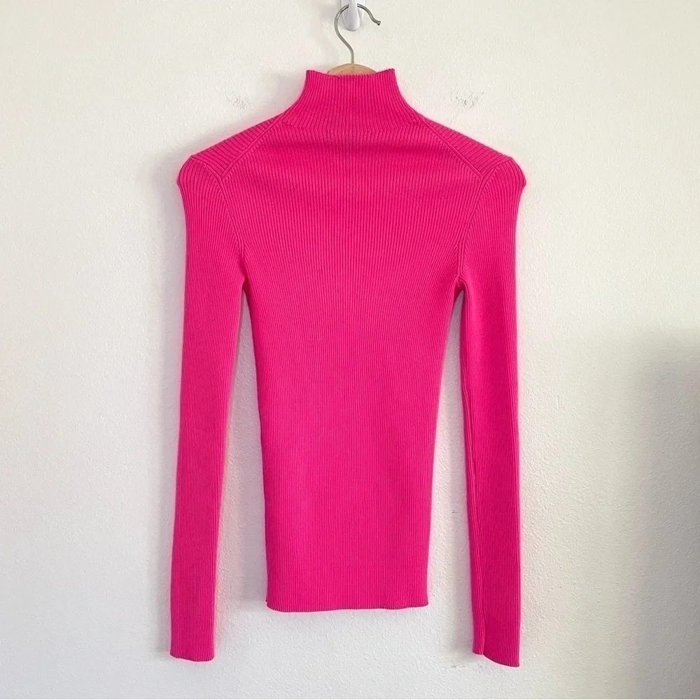 Maje Malangou Ribbed Knit Turtleneck Jumper Fluro Pink Small - Medium
